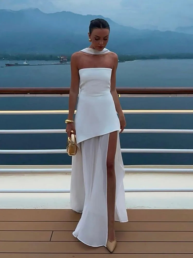 Elegant Mesh Scarf Neck Bustier Vestidos For Women 2025 New Summer Patchwork High Fork Fashion Robes Lady Dinner Party Gowns