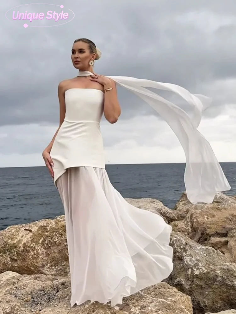 Elegant Mesh Scarf Neck Bustier Vestidos For Women 2025 New Summer Patchwork High Fork Fashion Robes Lady Dinner Party Gowns