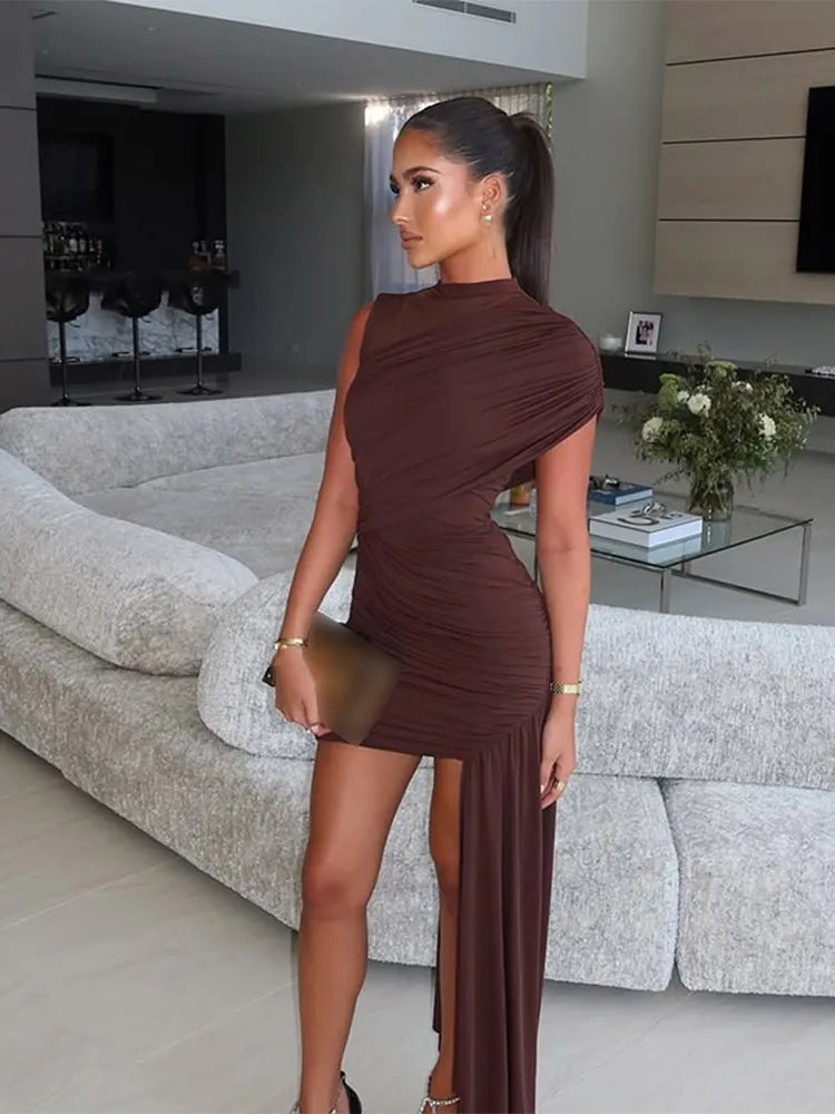 Elegant Mesh Scarf Neck Bustier Vestidos For Women 2025 New Summer Patchwork High Fork Fashion Robes Lady Dinner Party Gowns