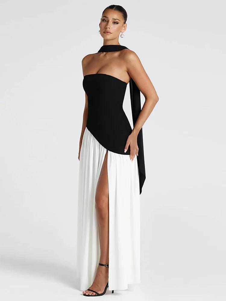 Elegant Mesh Scarf Neck Bustier Vestidos For Women 2025 New Summer Patchwork High Fork Fashion Robes Lady Dinner Party Gowns