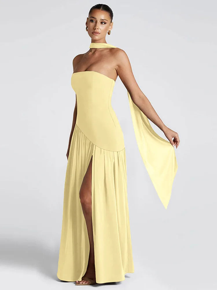 Elegant Mesh Scarf Neck Bustier Vestidos For Women 2025 New Summer Patchwork High Fork Fashion Robes Lady Dinner Party Gowns