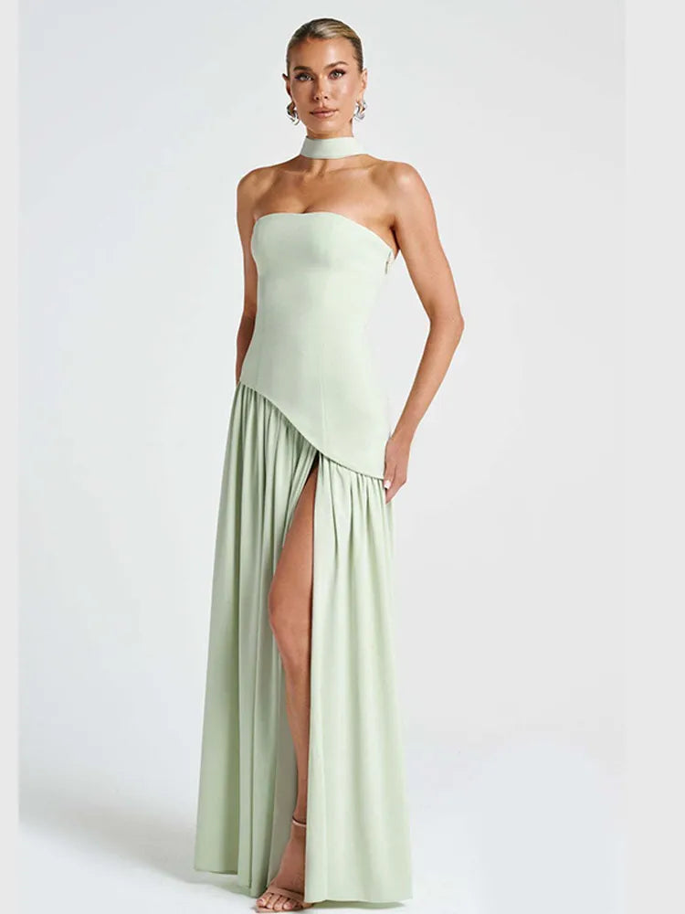 Elegant Mesh Scarf Neck Bustier Vestidos For Women 2025 New Summer Patchwork High Fork Fashion Robes Lady Dinner Party Gowns