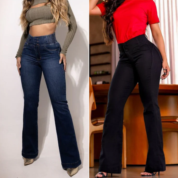 Stretch jeans met uitlopende pijpen en hoge taille