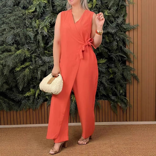 💖Beperkte uitverkoop 37% KORTING💖Effenkleurige casual V-hals jumpsuit voor dames met knoop