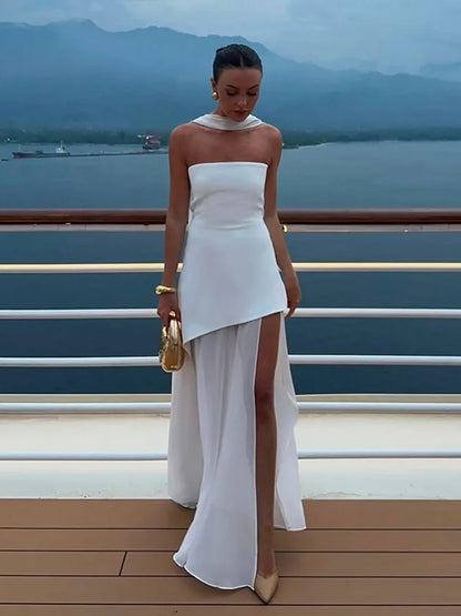Elegant Mesh Scarf Neck Bustier Vestidos For Women 2025 New Summer Patchwork High Fork Fashion Robes Lady Dinner Party Gowns