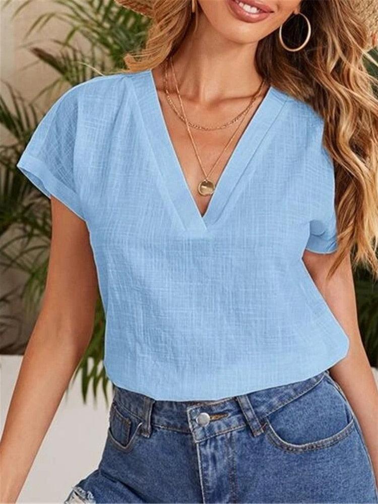 Casual Damesblouse – Linnen & Katoen – V-Hals Comfort - Vizzaro