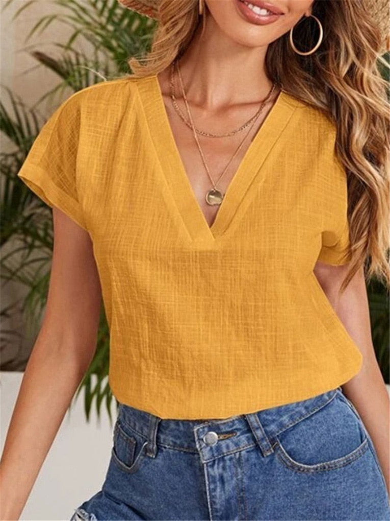 Casual Damesblouse – Linnen & Katoen – V-Hals Comfort - Vizzaro