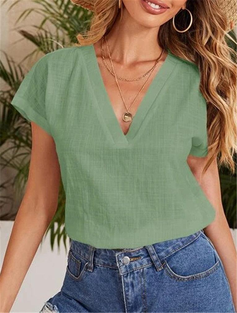 Casual Damesblouse – Linnen & Katoen – V-Hals Comfort - Vizzaro
