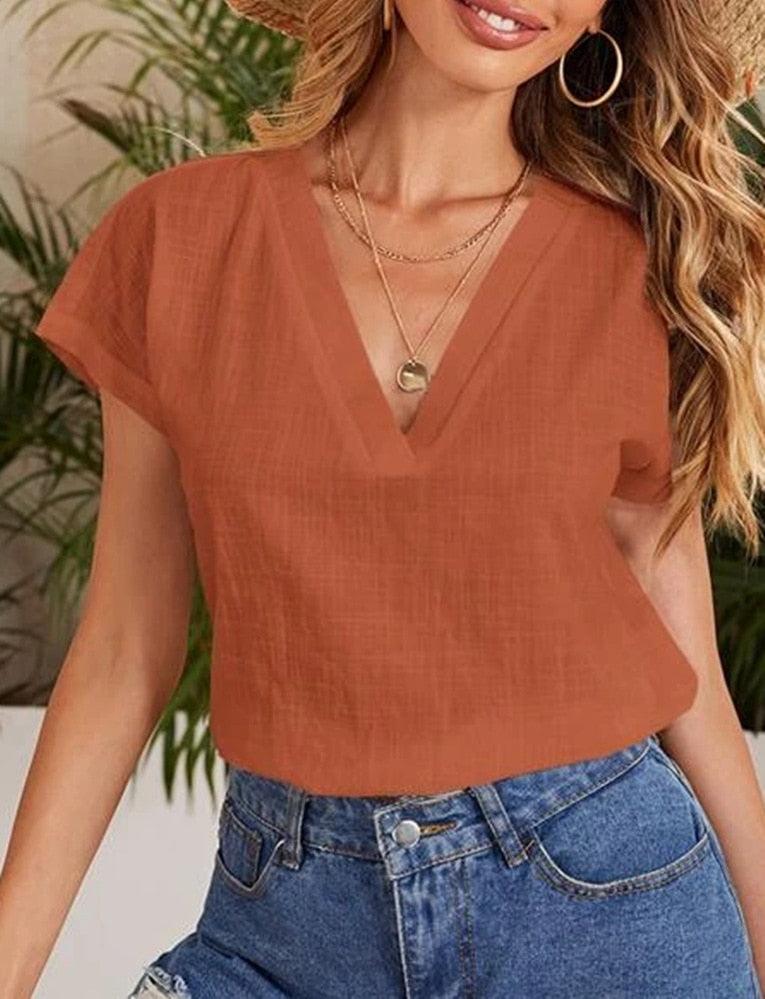 Casual Damesblouse – Linnen & Katoen – V-Hals Comfort - Vizzaro