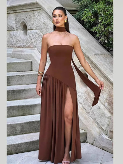 Elegant Mesh Scarf Neck Bustier Vestidos For Women 2025 New Summer Patchwork High Fork Fashion Robes Lady Dinner Party Gowns