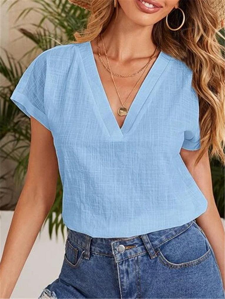 Casual Damesblouse – Linnen & Katoen – V-Hals Comfort - Vizzaro