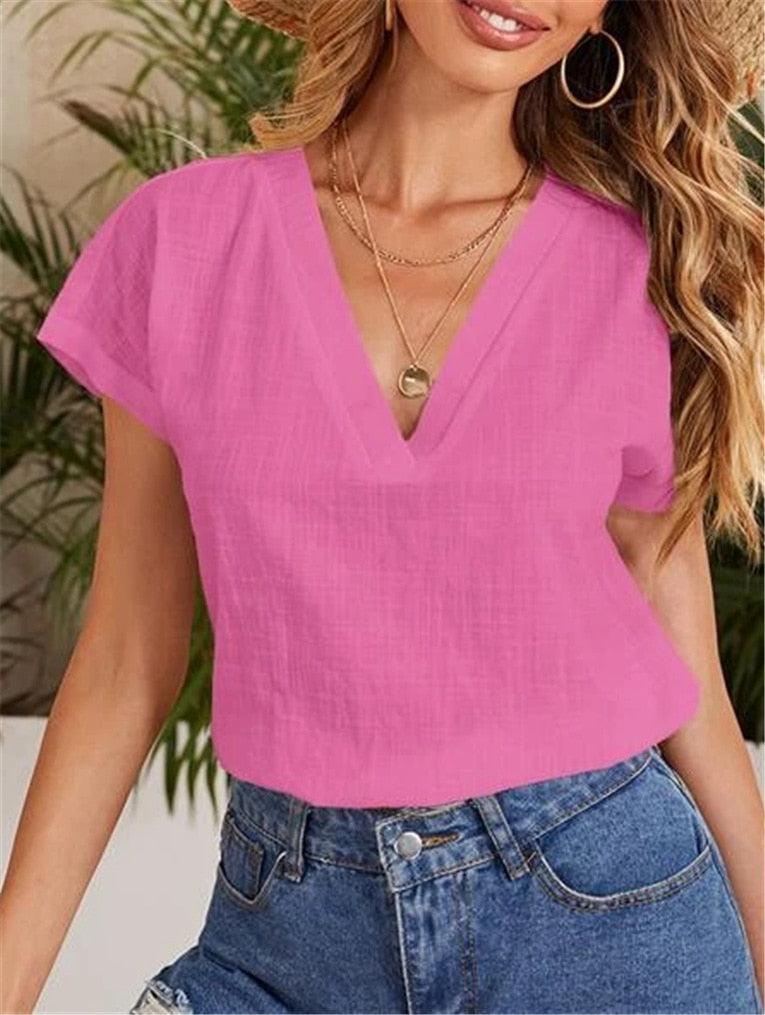 Casual Damesblouse – Linnen & Katoen – V-Hals Comfort - Vizzaro