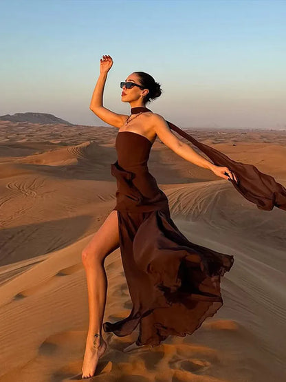 Elegant Mesh Scarf Neck Bustier Vestidos For Women 2025 New Summer Patchwork High Fork Fashion Robes Lady Dinner Party Gowns