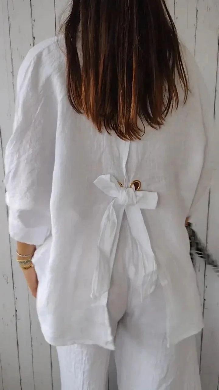 Damesblouse van Katoen en Linnen met Strikaccent - Vizzaro