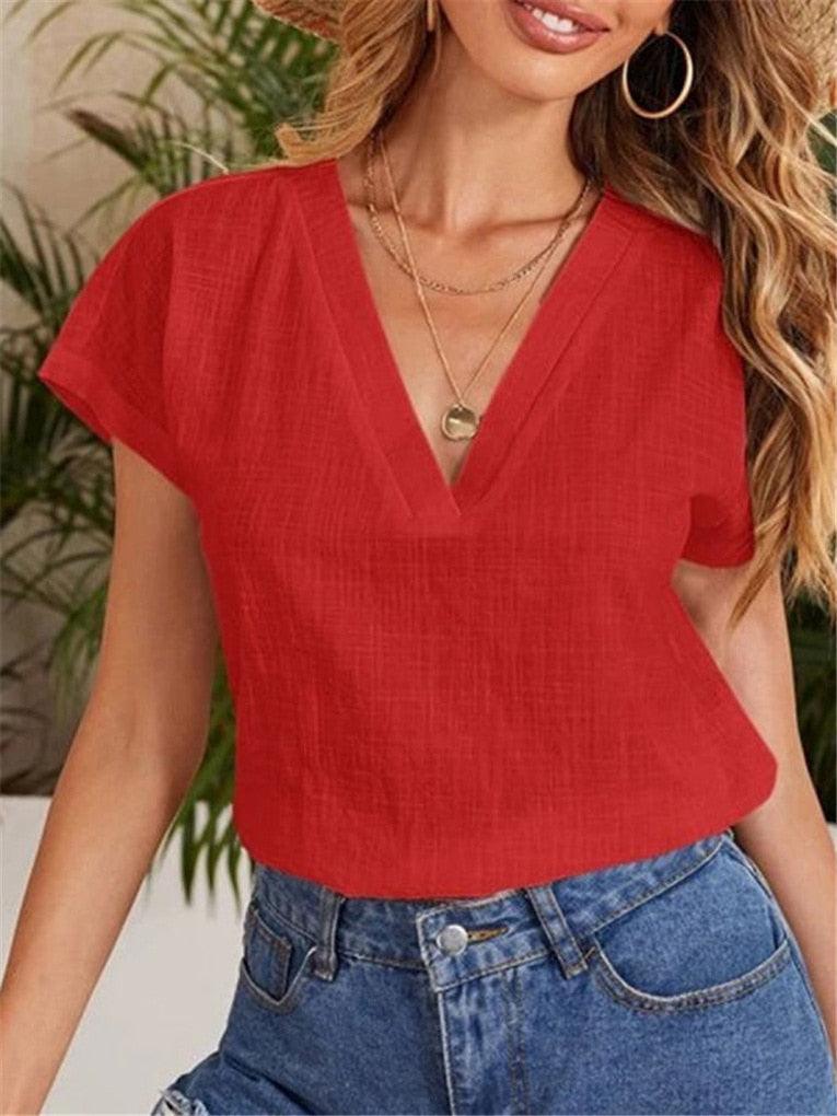 Casual Damesblouse – Linnen & Katoen – V-Hals Comfort - Vizzaro