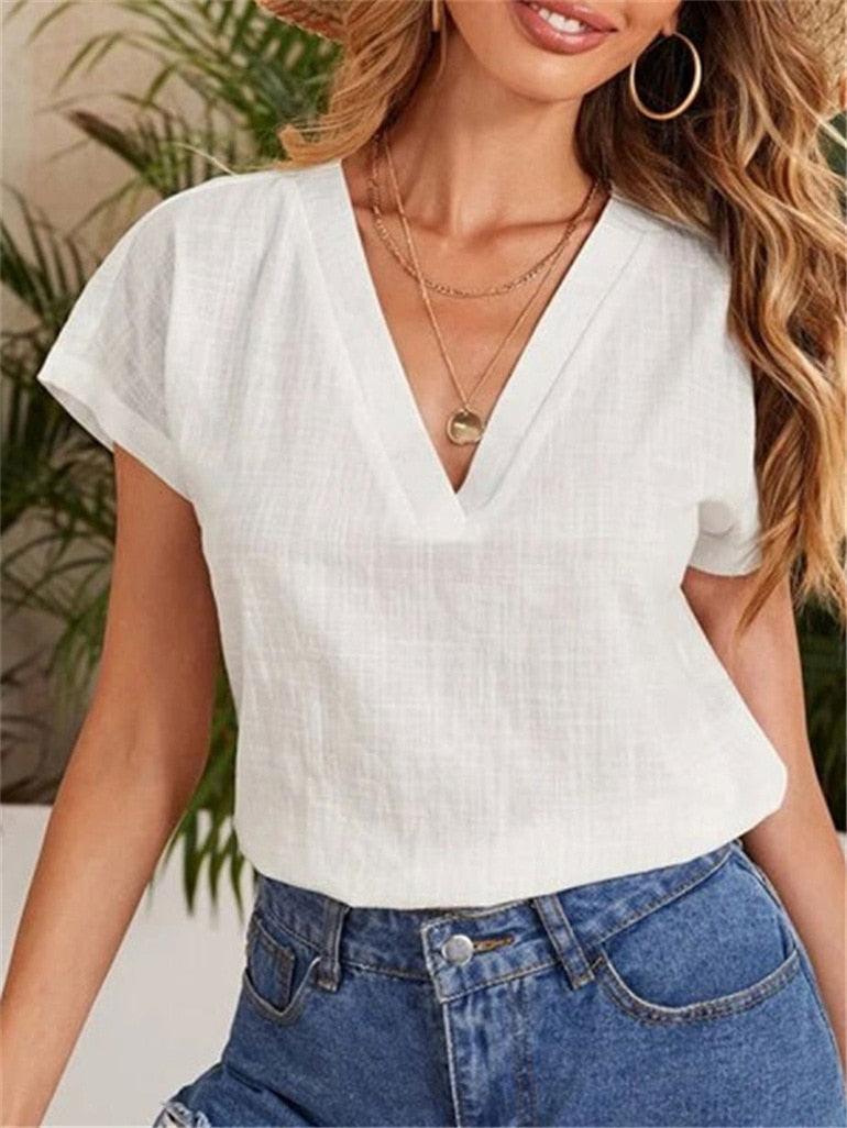 Casual Damesblouse – Linnen & Katoen – V-Hals Comfort - Vizzaro