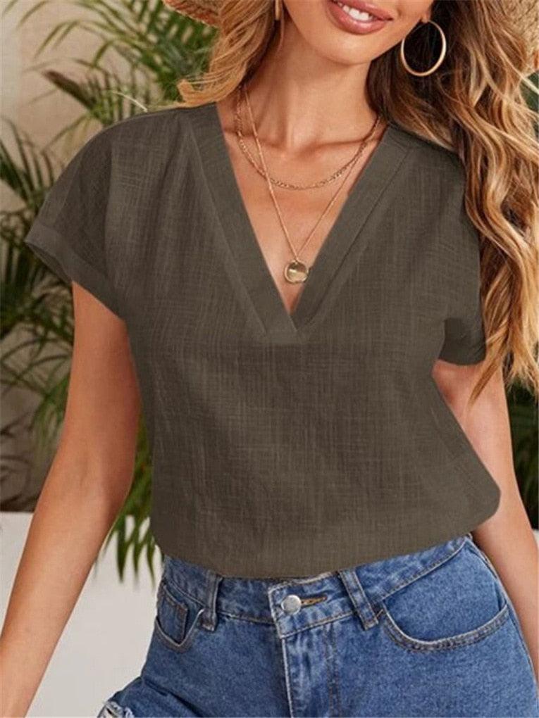 Casual Damesblouse – Linnen & Katoen – V-Hals Comfort - Vizzaro