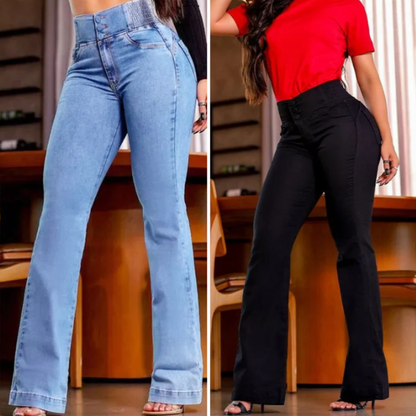 Stretch jeans met uitlopende pijpen en hoge taille