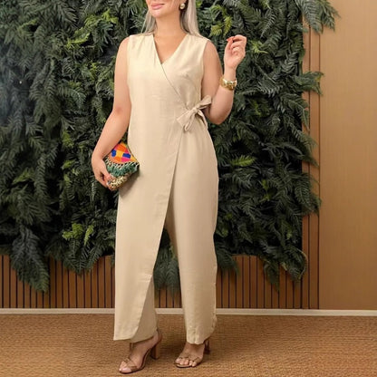 💖Beperkte uitverkoop 37% KORTING💖Effenkleurige casual V-hals jumpsuit voor dames met knoop