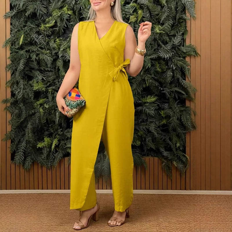 💖Beperkte uitverkoop 37% KORTING💖Effenkleurige casual V-hals jumpsuit voor dames met knoop